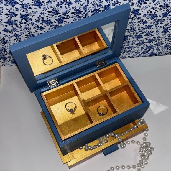 Beautiful Blue and Gold Hand Painted Jewelry Box - Picture 2 of 6